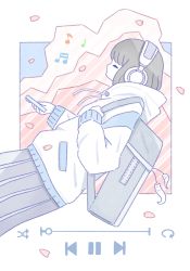 Rule 34 | 1girl, backpack, bag, bag charm, beamed sixteenth notes, brown hair, charm (object), commentary, digital media player, grey hair, headphones, highres, hood, hood down, hoodie, musical note, omochi noa, original, pause button, petals, quarter note, standing, symbol-only commentary, white hoodie