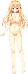 Rule 34 | 1girl, absurdres, barefoot, blonde hair, breasts, censored, collarbone, completely nude, full body, gluteal fold, hair ornament, highres, kamishiro kohaku, large breasts, long hair, looking at viewer, lost echoes, mosaic censoring, navel, nipples, non-web source, nude, official art, pussy, red eyes, solo, tamiya akito, transparent background