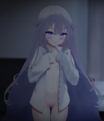 Rule 34 | 1girl, absurdres, artist request, bedroom, blush, bottomless, bzogo, cleft of venus, colored inner hair, dress shirt, female focus, flat chest, hair flaps, highres, hololive, hololive english, koseki bijou, long hair, looking at viewer, multicolored hair, naked shirt, navel, open clothes, open shirt, oversized clothes, oversized shirt, purple eyes, purple hair, pussy, shirt, sleeves past wrists, smile, solo, very long hair, virtual youtuber