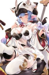Rule 34 | 1girl, animal costume, animal ears, animal print, blue hair, blush, breasts, catura (granblue fantasy), cow costume, cow ears, cow girl, cow hat, cow hood, cow horns, cow print, cow tail, draph, ear piercing, granblue fantasy, highres, horns, large breasts, long hair, looking at viewer, micro shorts, navel, open fly, piercing, pointy ears, see-through, shorts, simple background, solo, soraneko hino, tail, thighhighs, white background, white shorts, white thighhighs