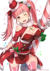 Rule 34 | 1girl, alternate costume, bare shoulders, blunt bangs, blush, bow, breasts, candy, candy cane, christmas, cleavage, commentary request, dress, female focus, fire emblem, fire emblem: three houses, fire emblem heroes, flower, food, fur-trimmed dress, fur-trimmed headwear, fur-trimmed sleeves, fur collar, fur trim, gloves, green bow, green ribbon, hair bow, hair flower, hair ornament, hair ribbon, haru (nakajou-28), hilda valentine goneril, holding, large breasts, long hair, looking at viewer, matching hair/eyes, nintendo, one eye closed, open mouth, oversized object, pink eyes, pink hair, pink thighhighs, red bow, red dress, red ribbon, ribbon, rose, santa costume, smile, solo, striped clothes, striped thighhighs, thighhighs, twintails, twitter username, white flower, white gloves, white rose, wink