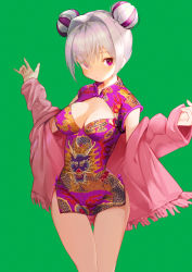 Rule 34 | 1girl, aduo, blush, breasts, cardigan, china dress, chinese clothes, cleavage, cleavage cutout, closed mouth, clothing cutout, commentary request, cowboy shot, double bun, dress, fringe trim, green background, hair bun, highres, long sleeves, looking at viewer, medium breasts, multicolored hair, open cardigan, open clothes, original, pink cardigan, print dress, purple dress, purple eyes, purple hair, short dress, short hair, silver hair, simple background, sleeves past wrists, thigh gap, two-tone hair