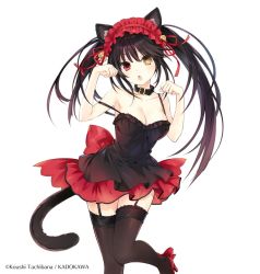 Rule 34 | 1girl, animal ears, armpits, bare shoulders, black dress, black hair, black thighhighs, breasts, cat ears, cat girl, cat tail, choker, cleavage, clock eyes, copyright name, date a live, dress, garter straps, looking at viewer, multicolored eyes, off shoulder, official art, open mouth, paw pose, red dress, red footwear, red headwear, simple background, sleeveless, sleeveless dress, solo, standing, standing on one leg, symbol-shaped pupils, tail, thighhighs, tokisaki kurumi, tsunako, twintails, two-tone dress, white background