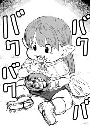 Rule 34 | 1other, androgynous, boots, bowl, eating, final fantasy, final fantasy xiv, food, greyscale, holding, holding bowl, indian style, ishii hisao, lalafell, long hair, monochrome, on ground, open mouth, pointy ears, puffy cheeks, shirt, shorts, sitting, solo, warrior of light (ff14), wristband