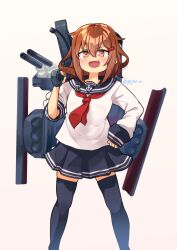 Rule 34 | 1girl, black sailor collar, black skirt, black thighhighs, blush, brown eyes, brown hair, fang, feet out of frame, gojarun, gradient background, hair between eyes, hair ornament, hairclip, highres, ikazuchi (kancolle), kantai collection, long sleeves, looking at viewer, machinery, neckerchief, open mouth, pleated skirt, red neckerchief, rigging, sailor collar, school uniform, serafuku, short hair, skirt, smile, solo, thighhighs, turret, twitter username