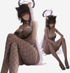 Rule 34 | 1girl, absurdres, ahoge, animal ear fluff, animal ears, bell, black choker, black hair, blue archive, blush, breasts, cat cutout, cat ears, choker, cleavage, clothing cutout, crossed legs, dark-skinned female, dark skin, extra ears, fishnet pantyhose, fishnets, gradient hair, halo, highres, invisible chair, karin (blue archive), kemonomimi mode, knees up, large breasts, looking at viewer, lunia, multicolored hair, multiple views, neck bell, pantyhose, purple hair, simple background, sitting, sweatdrop, white background
