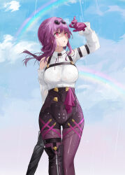 Rule 34 | 1girl, absurdres, black footwear, black shorts, blue sky, boots, breasts, clothing cutout, collared shirt, dema hmw, dress shirt, eyewear on head, gloves, high-waist shorts, highres, honkai: star rail, honkai (series), kafka (honkai: star rail), large breasts, long hair, long sleeves, looking up, open mouth, pantyhose, pantyhose under shorts, ponytail, purple eyes, purple gloves, purple hair, purple pantyhose, rainbow, round eyewear, shirt, shorts, shoulder cutout, sidelocks, single thigh boot, sky, solo, sunglasses, thigh boots, thighs, umbrella, white shirt