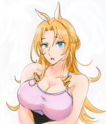 Rule 34 | 1girl, bare arms, blonde hair, blue eyes, braid, breasts, cleavage, commentary request, drill hair, drill sidelocks, french braid, highres, large breasts, long hair, looking at viewer, marker (medium), millipen (medium), monster musume no oisha-san, open mouth, potekite, sidelocks, solo, tisalia scythia, traditional media, upper body