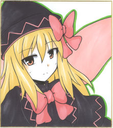 Rule 34 | 1girl, blonde hair, bow, female focus, hair bow, hat, lily black, lily white, long hair, mochizuki ado, pink eyes, shikishi, solo, touhou, traditional media, upper body, wings