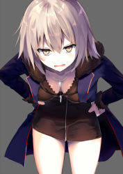 Rule 34 | 1girl, 3:, 3:&lt;, artist name, bad id, bad pixiv id, black dress, blonde hair, blush, breasts, coat, collarbone, cosplay, cowboy shot, downblouse, dress, fate/apocrypha, fate/grand order, fate (series), fur collar, grey background, hands on own hips, highres, jacket, jeanne d&#039;arc (fate), jeanne d&#039;arc alter (fate), jeanne d&#039;arc alter (ver. shinjuku 1999) (fate), jewelry, leaning forward, long hair, looking at viewer, medium breasts, necklace, official alternate costume, okotoburi, open clothes, open coat, open mouth, short dress, signature, simple background, solo, thighhighs, v-shaped eyebrows, yellow eyes