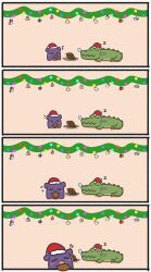 Rule 34 | 4koma, absurdres, chibi, christmas ornaments, comic, commentary, cookie, crocodile, crocodilian, eighth note, english commentary, english text, fang, flying sweatdrops, food, fourth wall, halo, hat, highres, hololive, hololive english, investigator (amelia watson), mpien, musical note, name tag, octopus, open mouth, plate, santa hat, silent comic, sleeping, solid circle eyes, takodachi (ninomae ina&#039;nis), virtual youtuber, zzz