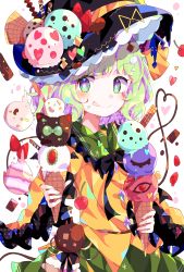 Rule 34 | 1girl, :q, absurdres, arms up, bad id, bad pixiv id, black neckwear, blouse, blush, cherry, commentary request, food, frilled shirt collar, frilled sleeves, frills, fruit, green eyes, green hair, green skirt, hat, hat ribbon, heart, heart of string, highres, holding, ice cream, ice cream cone, komeiji koishi, long sleeves, looking at viewer, ribbon, shirt, short hair, simple background, skirt, solo, tongue, tongue out, touhou, umemaro (siona0908), untucked shirt, upper body, waffle cone, white background, wide sleeves, yellow shirt