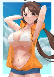 Rule 34 | 1girl, absurdres, armpits, arms behind head, arms up, bare shoulders, beads, bikini, bikini top only, blue shorts, blue sky, border, breasts, brown eyes, brown hair, cleavage, collarbone, contemporary, denim, denim shorts, drawstring, duplicate, facial mark, fate/grand order, fate (series), forehead, forehead mark, heroic spirit tour outfit, highres, himiko (fate), himiko (tour outfit) (fate), hood, hooded vest, hoodie, kasumi saika, large breasts, long hair, looking at viewer, orange vest, short shorts, shorts, sky, sleeveless, sleeveless hoodie, smile, solo, swimsuit, topknot, twintails, vest, white bikini, white border, zipper