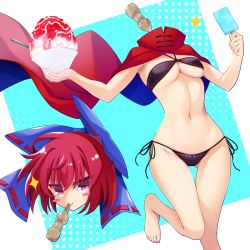 Rule 34 | 1girl, bikini, black bikini, blue bow, blush stickers, bow, cloak, closed mouth, commentary request, disembodied head, dullahan, food, foot out of frame, hair bow, highres, ice cream, muchin jousha, navel, panties, popsicle, red cloak, red eyes, red hair, sekibanki, sekibanki day, shaved ice, short hair, side-tie panties, smile, solo, swimsuit, thigh gap, touhou, underwear, v-shaped eyebrows