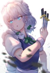 Rule 34 | 1girl, apron, back bow, blue dress, blue eyes, bow, braid, breasts, commentary request, dress, fopasu, green bow, grey hair, highres, holding, holding knife, interlocked fingers, izayoi sakuya, knife, looking away, maid, maid apron, maid headdress, open mouth, puffy short sleeves, puffy sleeves, short sleeves, small breasts, touhou, twin braids, upper body, waist apron, white apron, white bow, wrist cuffs