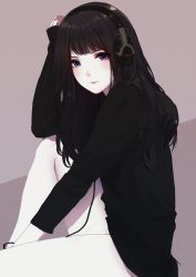 Rule 34 | 1girl, arm up, black hair, black shirt, cable, caidychen, commentary, headphones, highres, knee up, light smile, long sleeves, looking at viewer, original, purple eyes, shirt, sitting, solo
