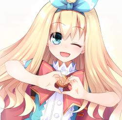 Rule 34 | 1girl, blonde hair, blue eyes, blush, bow, doria (p f dolia), fairy fencer f, hair ornament, heart, heart hands, long hair, looking at viewer, one eye closed, open mouth, rolo (fairy fencer f), smile, solo