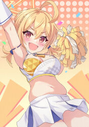 Rule 34 | 1girl, :d, ahoge, blonde hair, blue archive, breasts, cheerleader, cleavage, highres, holding, holding pom poms, itaba atsushi, kotori (blue archive), kotori (cheer squad) (blue archive), looking at viewer, medium breasts, midriff, millennium cheerleader outfit (blue archive), navel, official alternate costume, open mouth, plump, pom pom (cheerleading), pom poms, red eyes, short hair, skirt, smile, solo, thighs