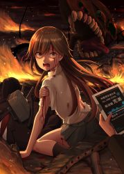 Rule 34 | 1girl, abyssal ship, arashio (kancolle), black socks, blood, blood on arm, blush, brown eyes, brown hair, commentary, grey skirt, highres, ichikawa feesu, kantai collection, kneehighs, long hair, looking at viewer, machinery, open mouth, pleated skirt, rigging, shirt, short sleeves, skirt, socks, solo focus, tablet pc, torn clothes, torn shirt, torn skirt, turret, white shirt