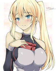 Rule 34 | 1girl, bismarck (kancolle), blonde hair, blue eyes, blush, breasts, chocolate, dated, embarrassed, gakky, hair between eyes, kantai collection, large breasts, long hair, looking at viewer, ponytail, solo, twitter username, upper body, white background