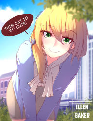 Rule 34 | 1girl, absurdres, blonde hair, blush, character name, ellen baker, english text, green eyes, highres, long hair, looking at viewer, low ponytail, new horizon, pov, scrunchie, smile, solo, speech bubble, z666ful