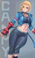 Rule 34 | 1girl, abs, absurdres, blonde hair, blue jacket, breasts, cammy white, cleavage, crop top, cropped jacket, facial scar, fingerless gloves, gloves, highres, jacket, kelvin hiu, large breasts, looking at viewer, navel, pants, pendant choker, scar, scar on cheek, scar on face, serious, short hair, solo, stomach, street fighter, street fighter 6, tight clothes, tight pants, vambraces