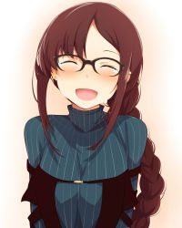 Rule 34 | 1girl, beige background, blush, breasts, brown hair, chata maru (irori sabou), closed eyes, commentary request, dress, earrings, fate/grand order, fate (series), highres, jewelry, large breasts, long braid, long hair, looking at viewer, open mouth, simple background, solo, sweater, tearing up, very long hair, white background, yu mei-ren (fate), yu mei-ren (first ascension) (fate)