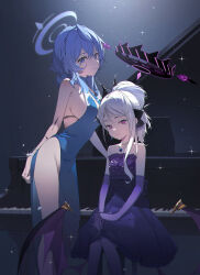 Rule 34 | 2girls, absurdres, ako (blue archive), ako (dress) (blue archive), bare shoulders, black halo, black horns, blue archive, blue dress, blue eyes, blue hair, blue halo, breasts, closed mouth, dress, gloves, halo, highres, hina (blue archive), horns, instrument, large breasts, looking at viewer, low wings, medium hair, multiple girls, nogi lace, official alternate costume, piano, purple dress, purple eyes, purple gloves, purple wings, sideboob, sideless dress, sideless outfit, sitting, smile, wings