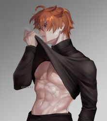 Rule 34 | 1boy, abs, absurdres, ahoge, artist name, black pants, black shirt, blue eyes, clothes lift, commentary, english commentary, from side, genshin impact, grey background, highres, long sleeves, looking ahead, male focus, muscular, muscular male, orange hair, pants, parted lips, pectorals, red hair, scar, scar on chest, sevkyi, shirt, shirt lift, short hair, simple background, solo, steam, sweat, sweatdrop, tartaglia (genshin impact), teeth, turtleneck, upper body
