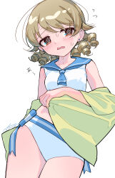 Rule 34 | 1girl, @ @, absurdres, arm behind back, bare shoulders, bikini, blue neckerchief, blue sailor collar, blush, breasts, brown eyes, brown hair, collarbone, cowboy shot, dot nose, drill hair, embarrassed, flying sweatdrops, green towel, hand up, highres, holding, holding towel, idolmaster, idolmaster cinderella girls, idolmaster cinderella girls starlight stage, light brown hair, long hair, looking at viewer, morikubo nono, neckerchief, open mouth, ringlets, sailor bikini, sailor collar, sailor swimsuit (idolmaster), side-tie bikini bottom, signature, simple background, small breasts, solo, standing, sweat, swimsuit, towel, wavy mouth, white background, white bikini, yukinuno