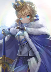 Rule 34 | 1girl, ahoge, armor, armored dress, artoria pendragon (all), artoria pendragon (fate), blonde hair, blue bow, blue cloak, blue dress, blue eyes, bow, braid, breastplate, breasts, cloak, closed mouth, commentary request, crown, dress, excalibur (fate/stay night), fate/stay night, fate (series), fur-trimmed cloak, fur trim, gauntlets, gedou (shigure seishin), glowing, glowing eyes, hair between eyes, hair bow, hand on hilt, looking at viewer, medium breasts, saber (fate), solo, tilted headwear
