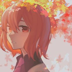 Rule 34 | 1girl, autumn, autumn leaves, black shirt, chinese commentary, collared shirt, commentary request, eyebrows hidden by hair, hair between eyes, horikawa raiko, jacket, necktie, pink necktie, portrait, red eyes, red hair, shirt, short hair, solo, touhou, white jacket, xianyujunzhimiyingla