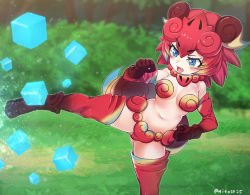 Rule 34 | 1girl, blue eyes, blurry, blurry background, breasts, bush, clenched hands, cube, day, elbow gloves, fang, gloves, gluteal fold, grass, hair between eyes, kemono friends, kicking, medium breasts, navel, nyifu, open mouth, outdoors, outstretched leg, red hair, shiisaa lefty, short hair, solo, standing, standing on one leg, stomach, tail, thighhighs, twitter username, v-shaped eyebrows