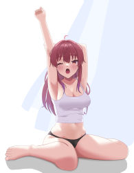 Rule 34 | 1girl, absurdres, ahoge, armpits, arms up, black panties, blush, breasts, cleavage, feet, female focus, highres, hololive, houshou marine, large breasts, long hair, navel, no bra, open mouth, panties, red eyes, red hair, shimaketa, solo, stretching, tank top, underwear, virtual youtuber, yawning