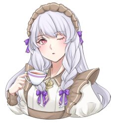 Rule 34 | 1girl, apron, bow, braid, commentary request, cup, fire emblem, fire emblem: three houses, fire emblem heroes, grey apron, hair bow, holding, holding cup, juliet sleeves, long hair, long sleeves, looking at viewer, lysithea von ordelia, lysithea von ordelia (tea party), maid, maid headdress, nintendo, official alternate costume, official alternate hairstyle, one eye closed, parted lips, pink eyes, puffy sleeves, purple bow, sayaka (fe uma274), simple background, solo, teacup, twin braids, very long hair, white background, white hair
