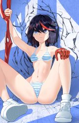 Rule 34 | 1girl, absurdres, angry, black hair, blue eyes, bra, breasts, collarbone, highres, kill la kill, legs, madaotheory, matoi ryuuko, navel, panties, shoes, short hair, sneakers, solo, stomach, striped clothes, striped panties, sword, underwear, weapon