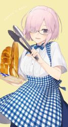 Rule 34 | 1girl, alternate costume, apron, bespectacled, blue skirt, bread, breasts, casual, checkered apron, checkered clothes, fate/grand order, fate (series), food, glasses, hair over one eye, hayashi kewi, kobeya uniform, large breasts, looking at viewer, mash kyrielight, purple eyes, purple hair, shirt, short hair, short sleeves, skirt, solo, tongs, white shirt