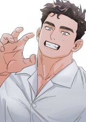 Rule 34 | 1boy, bara, brown hair, claw pose, clenched teeth, collared shirt, highres, large pectorals, looking at viewer, male focus, mole, mole under eye, mole under mouth, muscular, muscular male, original, pectoral cleavage, pectorals, shirt, short hair, sideburns, solo, takayakaiti (tk049ccn), teeth, upper body, white background