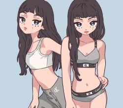 Rule 34 | 1girl, animification, black hair, blackpink, blue background, blue eyes, bra, breasts, calvin klein, collarbone, commentary, crop top, grey bra, grey panties, grey skirt, guriming, hand on own hip, hand on own thigh, head tilt, highres, jennie (blackpink), k-pop, long hair, looking at viewer, medium breasts, mole, mole above eye, multiple views, navel, panties, pink lips, real life, skirt, smile, symbol-only commentary, tank top, underwear, white tank top