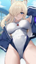 Rule 34 | 1girl, absurdres, animal ears, blonde hair, blue archive, blue eyes, blue jacket, blue sky, blush, clenched teeth, commentary, covered navel, cowboy shot, day, groin, highres, jacket, kanna (blue archive), long hair, looking at viewer, one-piece swimsuit, open clothes, open jacket, outdoors, sky, solo, standing, swimsuit, teeth, thighs, very long hair, wakamepiza, white one-piece swimsuit