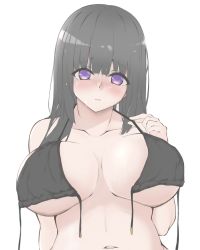 Rule 34 | 1girl, absurdres, bang dream!, bare shoulders, bikini, black bikini, black hair, blush, breasts, breasts apart, collarbone, commentary request, front-tie bikini top, front-tie top, halterneck, head tilt, highres, holding strap, large breasts, long hair, looking at viewer, muted color, navel, no pupils, parted lips, purple eyes, shirokane rinko, sidelocks, simple background, solo, stomach, strap lift, swimsuit, taasa, tareme, underboob, untied bikini, upper body, wet, wet hair, white background