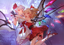 Rule 34 | 2girls, :d, bare arms, bare legs, bare shoulders, bat wings, black gloves, blonde hair, blue eyes, bright pupils, closed mouth, commentary request, dress, fang, flandre scarlet, flower, from side, gloves, hair ribbon, holding hands, high heels, indoors, interlocked fingers, light purple hair, looking at viewer, makai no juumin, multiple girls, one side up, open mouth, pointy ears, red dress, red eyes, red flower, red footwear, red ribbon, red rose, remilia scarlet, ribbon, rose, shoes, short dress, short hair, siblings, sisters, smile, thighs, touhou, v-shaped eyebrows, white dress, white gloves, wings
