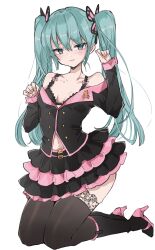 Rule 34 | 1girl, aqua eyes, aqua hair, black thighhighs, blush, breasts, butterfly hair ornament, chigasaki yukari, closed mouth, full body, hair between eyes, hair ornament, hatsune miku, high heels, highres, honey whip (module), kneeling, layered skirt, long hair, long sleeves, looking at viewer, medium breasts, miku day, pink footwear, project diva (series), simple background, skirt, solo, thighhighs, twintails, very long hair, vocaloid, white background