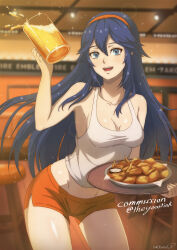 Rule 34 | 1girl, :d, absurdres, alternate costume, beer mug, blue eyes, blue hair, blurry, blurry background, breasts, chicken (food), collarbone, commission, contrapposto, cup, drinking glass, fire emblem, fire emblem awakening, food, hairband, hand up, highres, holding, holding cup, holding tray, hooters, indoors, light particles, long hair, looking at viewer, lucina (fire emblem), mug, nintendo, open mouth, orange hairband, orange shorts, plate, restaurant, short shorts, shorts, small breasts, smile, solo, stool, symbol-shaped pupils, symbol in eye, tak0baka, tank top, thighs, tray, waitress, white tank top