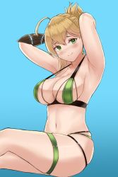 Rule 34 | 1girl, absurdres, ahoge, armpits, arms behind head, arms up, bikini, blonde hair, blush, breasts, closed mouth, elf, folded ponytail, green eyes, highres, kanta (kanta 077), large breasts, looking at viewer, original, pointy ears, short hair, skindentation, solo, swimsuit