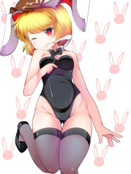 Rule 34 | 1girl, animal ears, animal print, bare shoulders, blonde hair, blush, bow, bowtie, dango, detached collar, doku corne, eating, flat cap, floppy ears, food, grey thighhighs, grin, hat, highres, leg up, leotard, looking at viewer, one eye closed, playboy bunny, rabbit ears, rabbit print, red eyes, ringo (touhou), shoes, short hair, smile, solo, thighhighs, touhou, wagashi, white background
