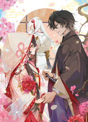 Rule 34 | 1boy, 2girls, akizero1510, back turned, bride, brown eyes, cherry blossoms, copyright request, cover, cover page, dress, flower, green eyes, hair ornament, highres, holding hands, japanese clothes, kanzashi, kimono, looking at another, multiple girls, novel cover, orange eyes, petals, spider lily, sword, tsunokakushi, uchikake, weapon, wedding, wedding dress, white hair