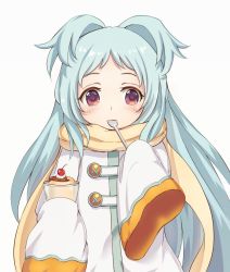 Rule 34 | 1girl, blue hair, brown eyes, cherry, dargo, eating, food, fruit, long hair, long sleeves, looking at viewer, miyako (princess connect!), princess connect!, scarf, simple background, solo, spoon, standing, upper body, very long hair, white background, wide sleeves, yellow scarf