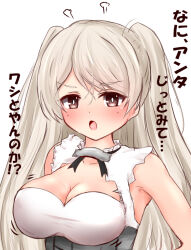 Rule 34 | 1girl, blush, breasts, brown eyes, cleavage, collarbone, conte di cavour (kancolle), conte di cavour nuovo (kancolle), dress, grey dress, grey hair, kantai collection, large breasts, long hair, open mouth, short sleeves, simple background, solo, translated, two side up, upper body, white background, white dress, yuki (yukineko-nyaa)