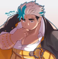 Rule 34 | 1boy, bara, character request, collared shirt, facial hair, facial mark, fat, fat man, forehead mark, goatee stubble, highres, huge eyebrows, large pectorals, looking at viewer, male focus, multicolored hair, muscular, muscular male, osu (osumankokuou), pectoral cleavage, pectorals, scar, shirt, short hair, solo, streaked hair, stubble, tokyo houkago summoners, two-tone hair, upper body